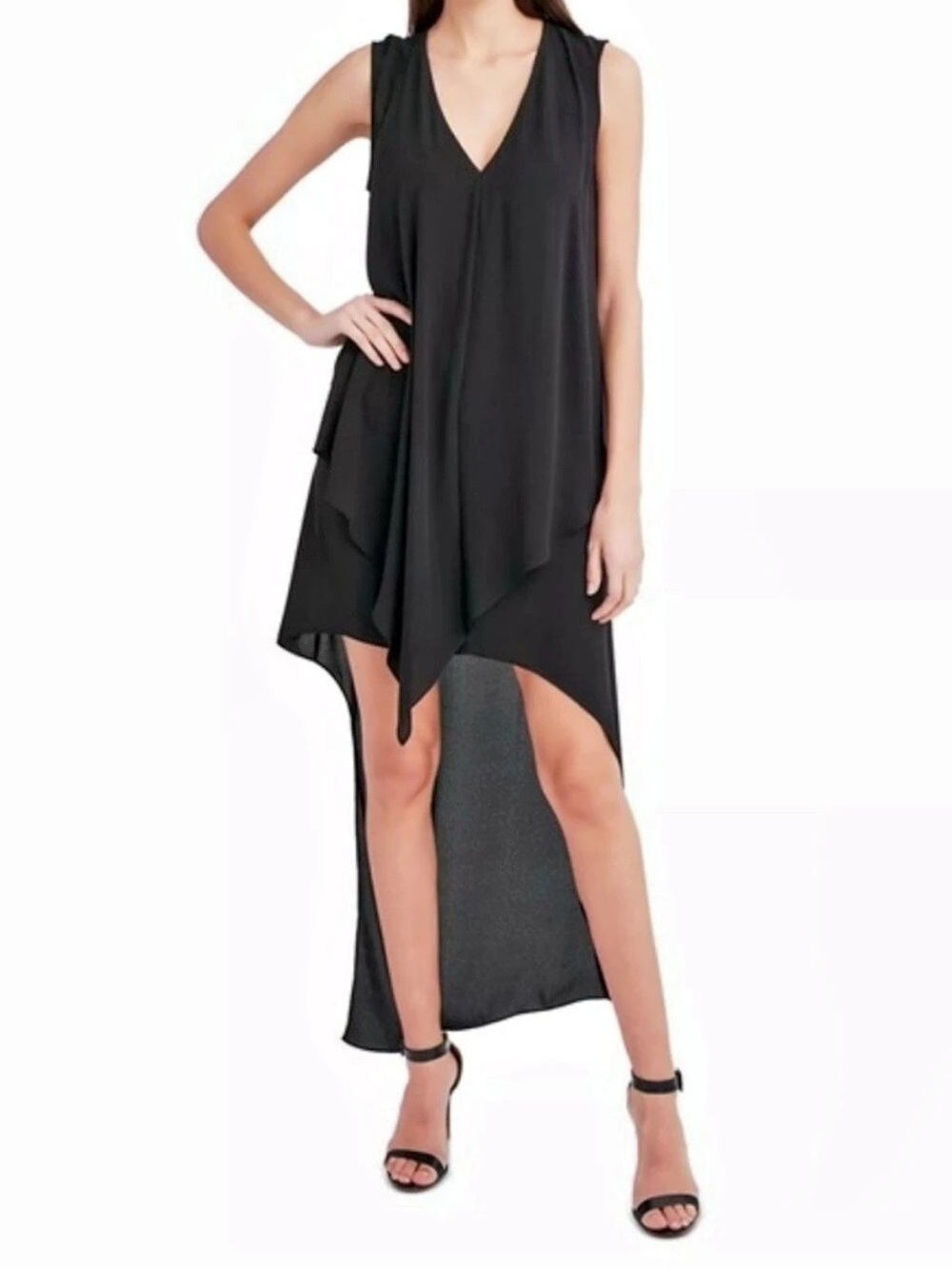 BCBGMAXAZRIA Tara High Low V-Neck Dress in Black Size Medium